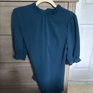 Blue Pleated Mock Neck Blouse for Work